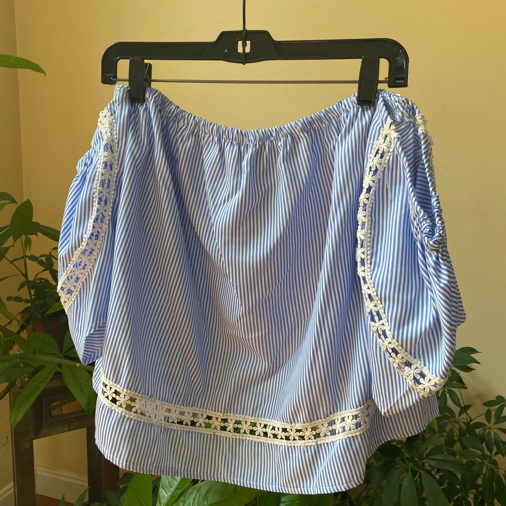 Off The Shoulder Striped Blouse with Flower Detail